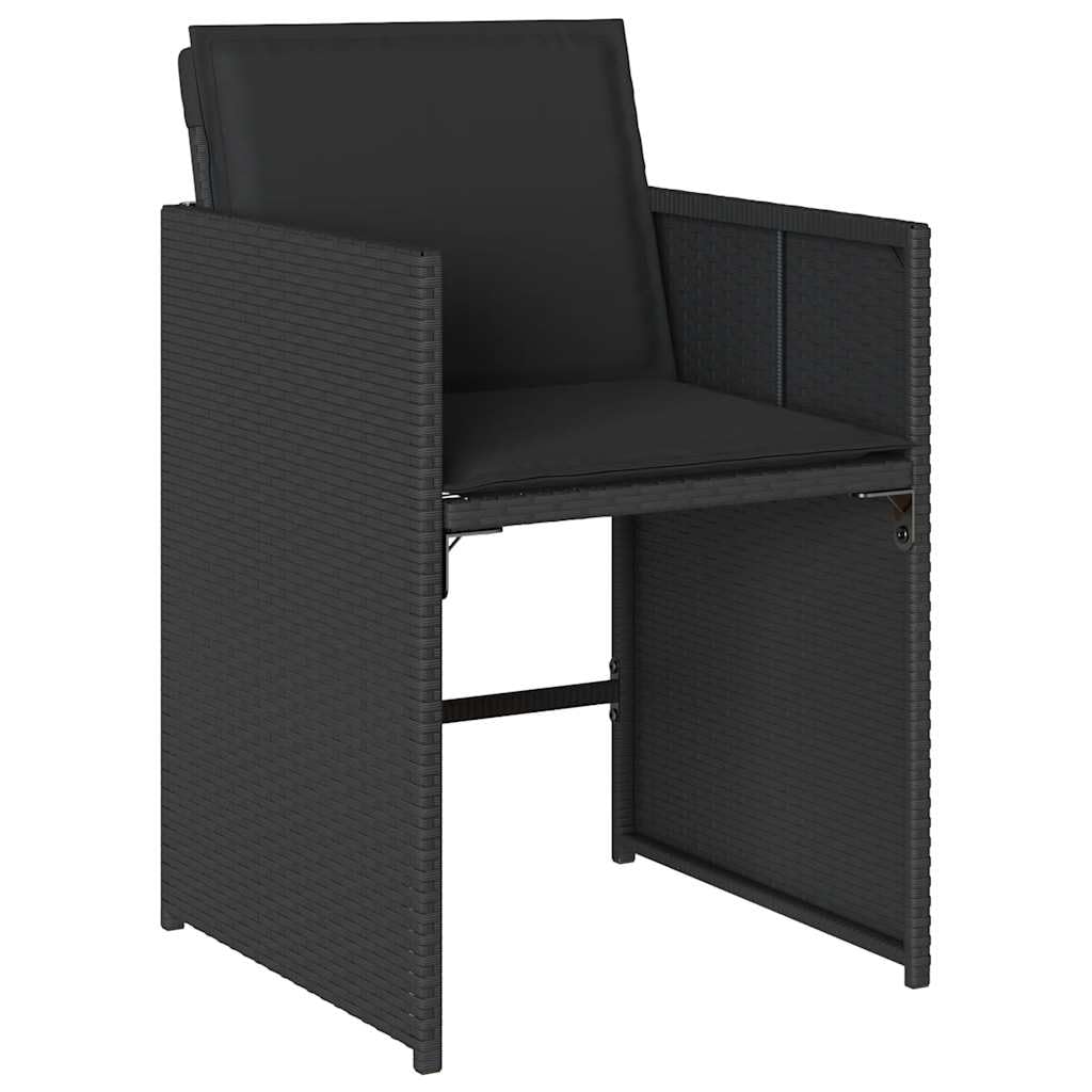 Tavolo da pranzo da giardino nero in polyrattan con cuscino, sedie pieghevoli, piano in vetro temperato, resistente ai raggi UV, per terrazza, balcone, sala da pranzo