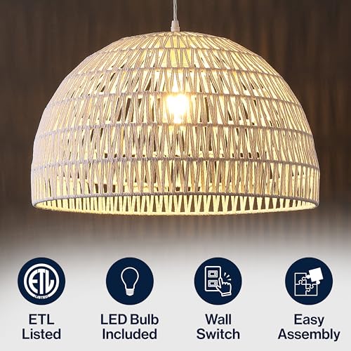 Image of JONATHAN Y 20 inch White Modern Bohemian Woven Rope LED Pendant Light Fixture, Adjustable Dome Ceiling Lamp for Kitchen Island, Rope Shade, Coastal Farmhouse Decor (JYL6504E)