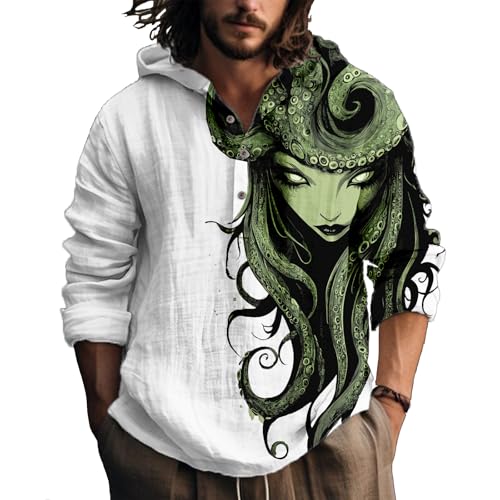 Mens Hoodies Pullover Novelty Y2k Print Cool Hooded Thin Light Weight Long Sleeve Shirts Button Up Sweatshirt