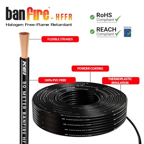 Image of KEI BANFIRE- HFFR 1.5 sqmm 1 Core 99.97% Pure Copper Conductor Heat Resistant Flame Retardant Low Smoke & Halogen - Lead Less House Wire for Domestic & Industrial Electrical Wiring (Black,90 Meters)