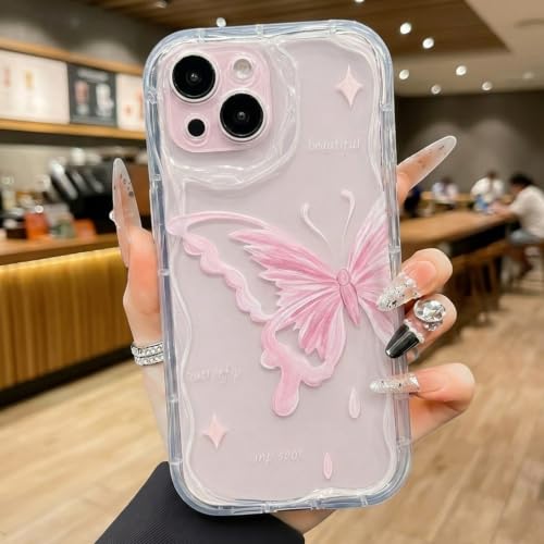 Image of VONZEE Cute Pink Butterfly Transparent Back Cover for iPhone 15| Clear Shockproof TPU Protective Case | Slim Anti-Yellowing Crystal Clear Phone Cover for Girls and Women