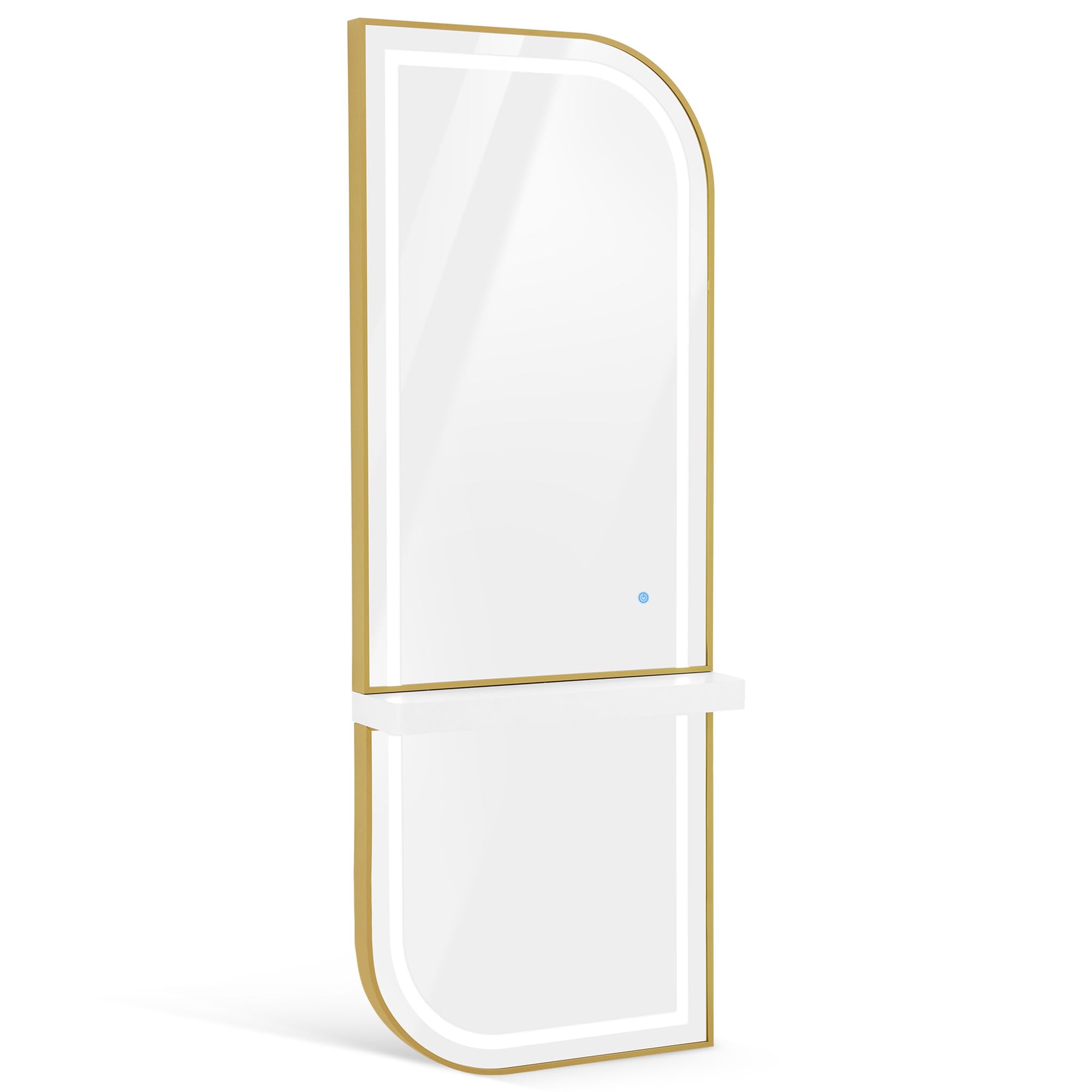 Barberpub Wandspiegel mit Beleuchtung, Ganzkörperspiegel mit Aluminiumrahmen, Großer Spiegel mit Ablage, Touch-Schalter, 3 Lichtfarben Dimmbar, für Friseursalon, J6298 (Weiß-Gold)