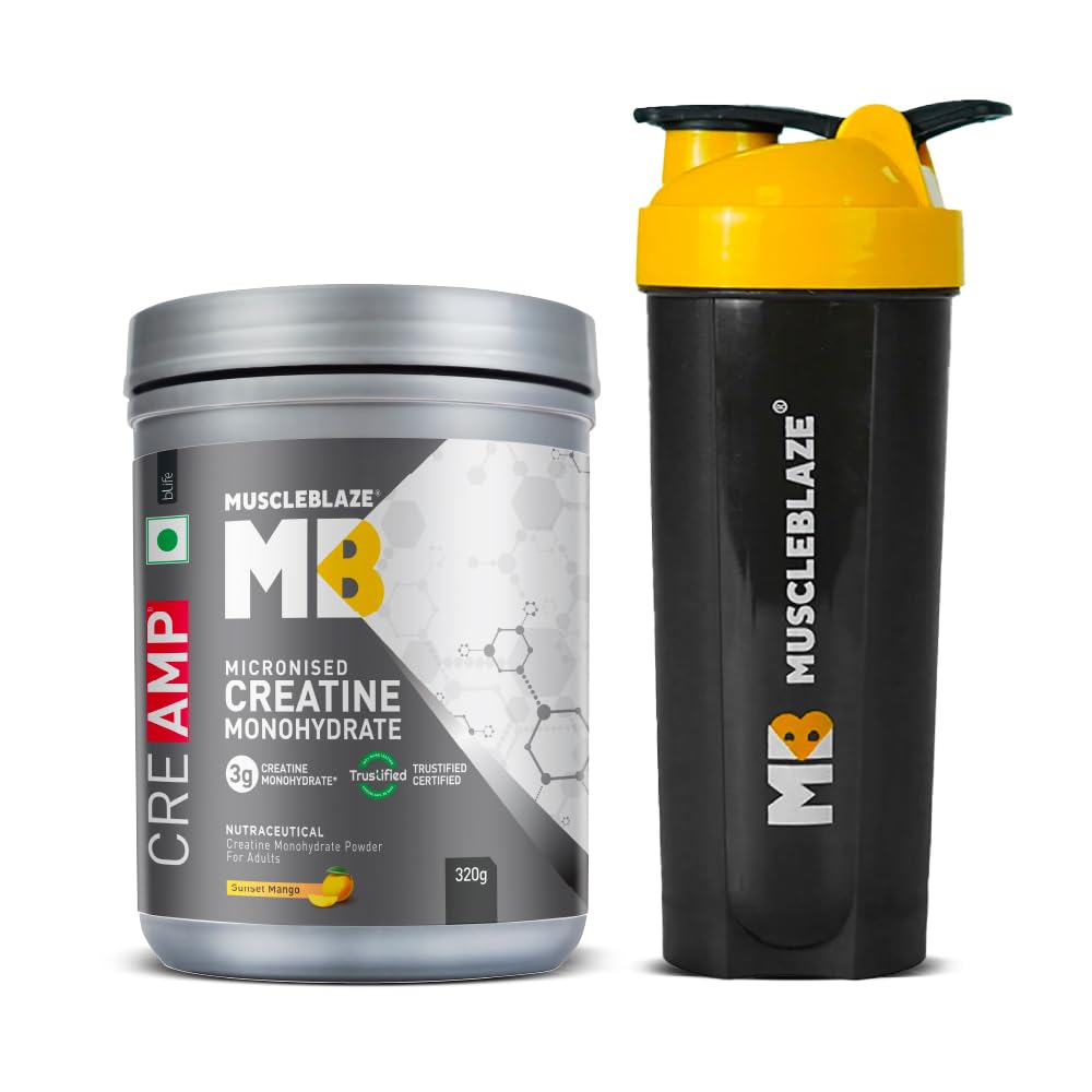 MuscleBlaze Creatine Monohydrate CreAMP™ with CreAbsorb™, Trustified Certified (320 g, Sunset Mango, 80 Servings) with Shaker, 650ml (Combo Pack)