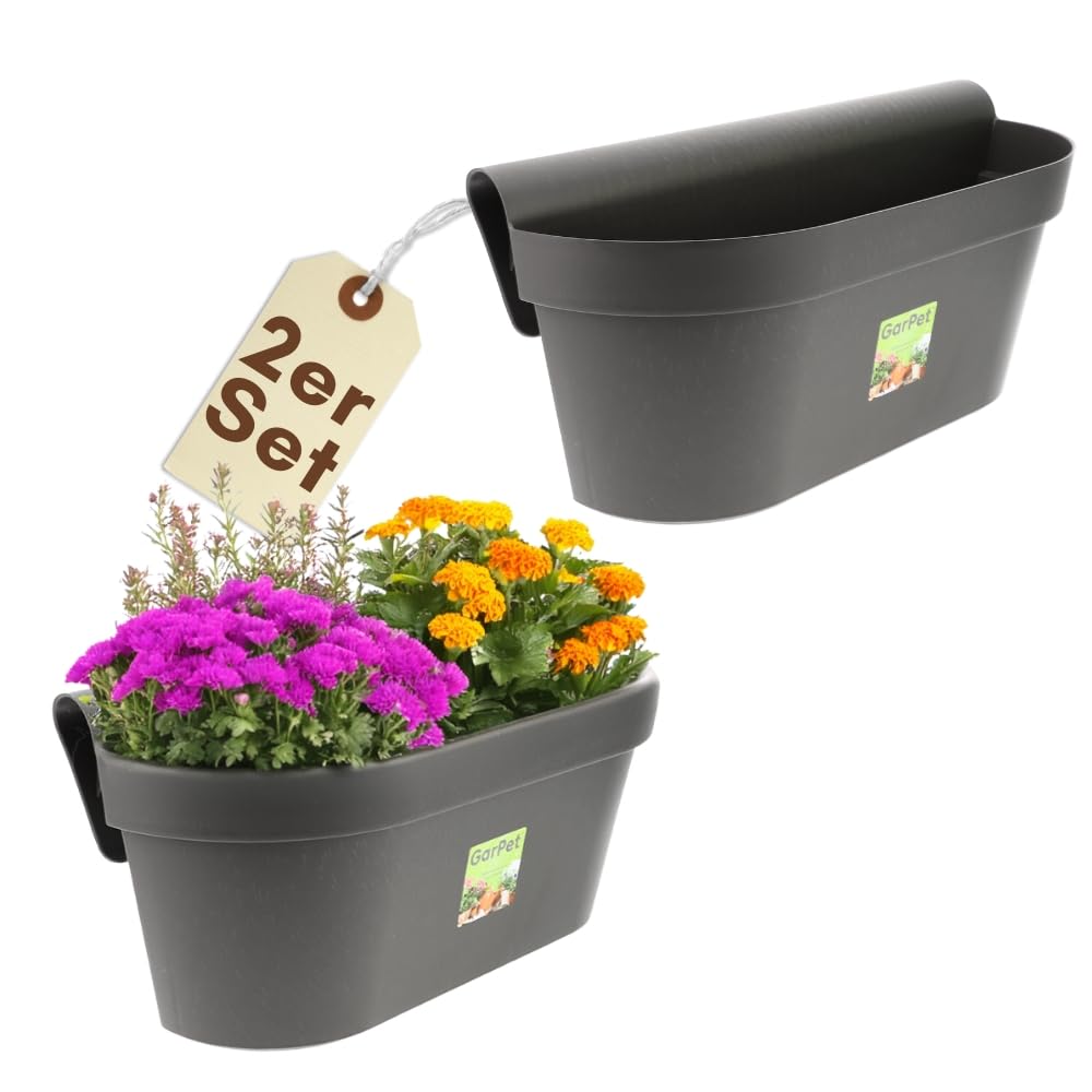 GarPet 2er Set Geländerkasten Balkon mit Wasserspeicher Blumentopf Zaun Blumenkasten Geländer Balkontopf Balkonkasten Blumenkasten Balkon Pflanzkasten Blumenkästen Anthrazit