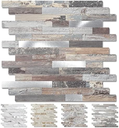 Yipscazo Peel and Stick Wood Metal Tile Backsplash, Stick on Tiles for Backsplash Kitchen, Bathroom, Laundry Room, Camper, Fireplace (12'' X 12'', 10 Sheets in Light Wood)