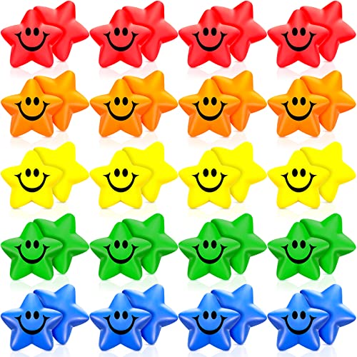 Sumind 25 Pcs Star Smile Face Stress Balls Mini Star Foam Balls Star Stress Relief Smile Face Toys for School Carnival Game Reward Student Prizes Party Decoration, 5 Colors(20 Pieces)