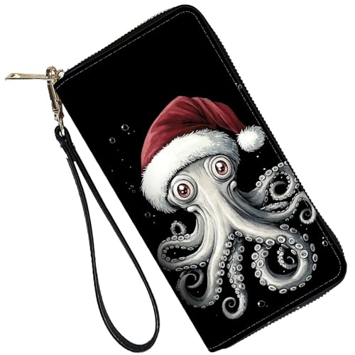 Image of RFID Blocking Leather Wallet for Women - Large Capacity Zip Around Clutch with 8 Card Slots,39 Cash Pockets & Coin Zipper,Funny Octopus Design