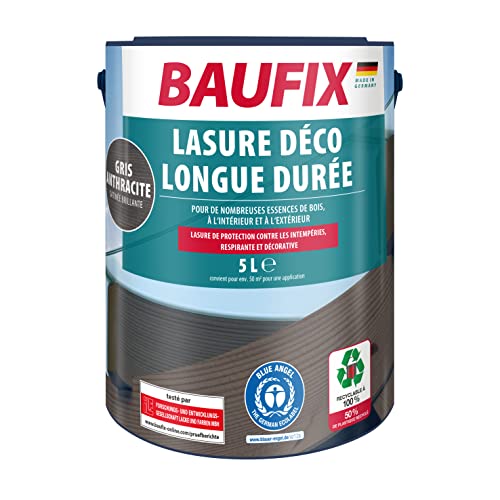 BAUFIX Dekor - Lasure longue durée gris anthracite satiné - 5 l - Lasure de protection du bois pour l'extérieur et l'intérieur - Pour de nombreux bois résineux et durs
