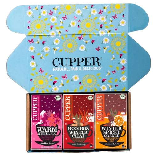 Cupper Bio Tee Set „Wintertees“, Tee Geschenkset, Früchtetee, Kräutertee, drei verschiedene Sorten, 60 ungebleichte, plastikfreie Teebeutel, 3er Pack