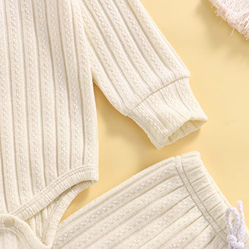 Qiylii 2 Piece Newborn Baby Girls Boys Clothes Sets Infant Solid Color Knit Cotton Romper Tops Pant Footies 0-18M (Beige, 0-3 Months) #TOP3