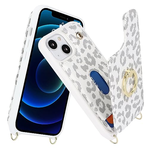 Image of for iPhone 13 Mini Case with Card Holder and Strap for Women,Crossbody Lanyard,Kickstand Ring Stand,Snap Clasp,RFID Blocking,Cute Phone Wallet Cases 5.4 inch(White Leopard)