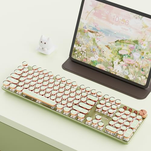 EWEADN V20 Typewriter Keyboard Wireless, 104 Keys Typewriter Style Mechanical with White Backlit, Media Knob, Pink Switch 2.4G/Bluetooth/USB-A Wired Retro Full Size Keyboard for Windows/Mac/PC-Green