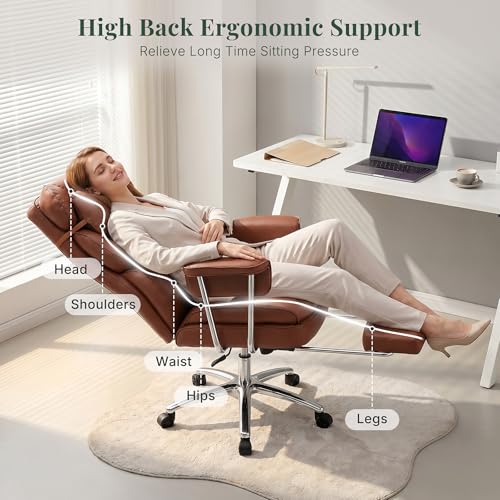 Image of Executive Ergonomic Office Chair, PU Leather High Back Reclining Office Chair with Footrest and Lumbar Support, Height Adjustable Rolling Swivel Computer Chair for Home Office,Brown