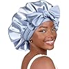 YANIBEST Silk Satin Bonnet for Sleeping Women Double Layer Satin Lined Hair Bonnet with Tie Band Curly Natural Hair Blue