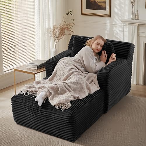Image of KEIKI 65.4 inch Oversized Corduroy Chaise Lounge, No Assembly Reading Chair