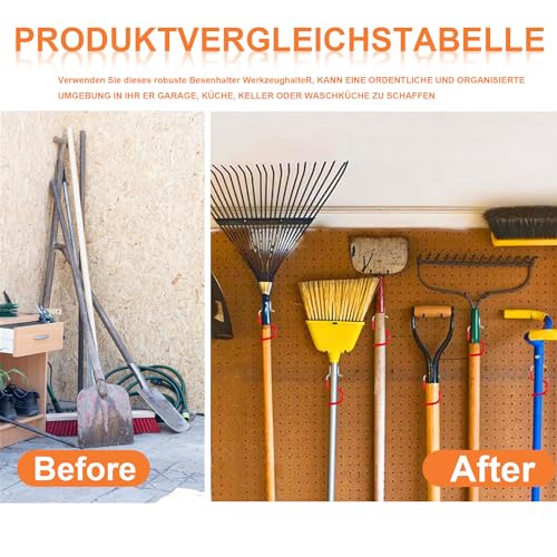 Gartengerätehalter Metallhaken, 15 Stück Gerätehalter Rot Haken, Besenhalter Werkzeughalter, Gummierung Gartengeräte, mit 30 Stück schrauben, Gartenwerkzeug Halterung für Garagen-Ordnungssysteme
