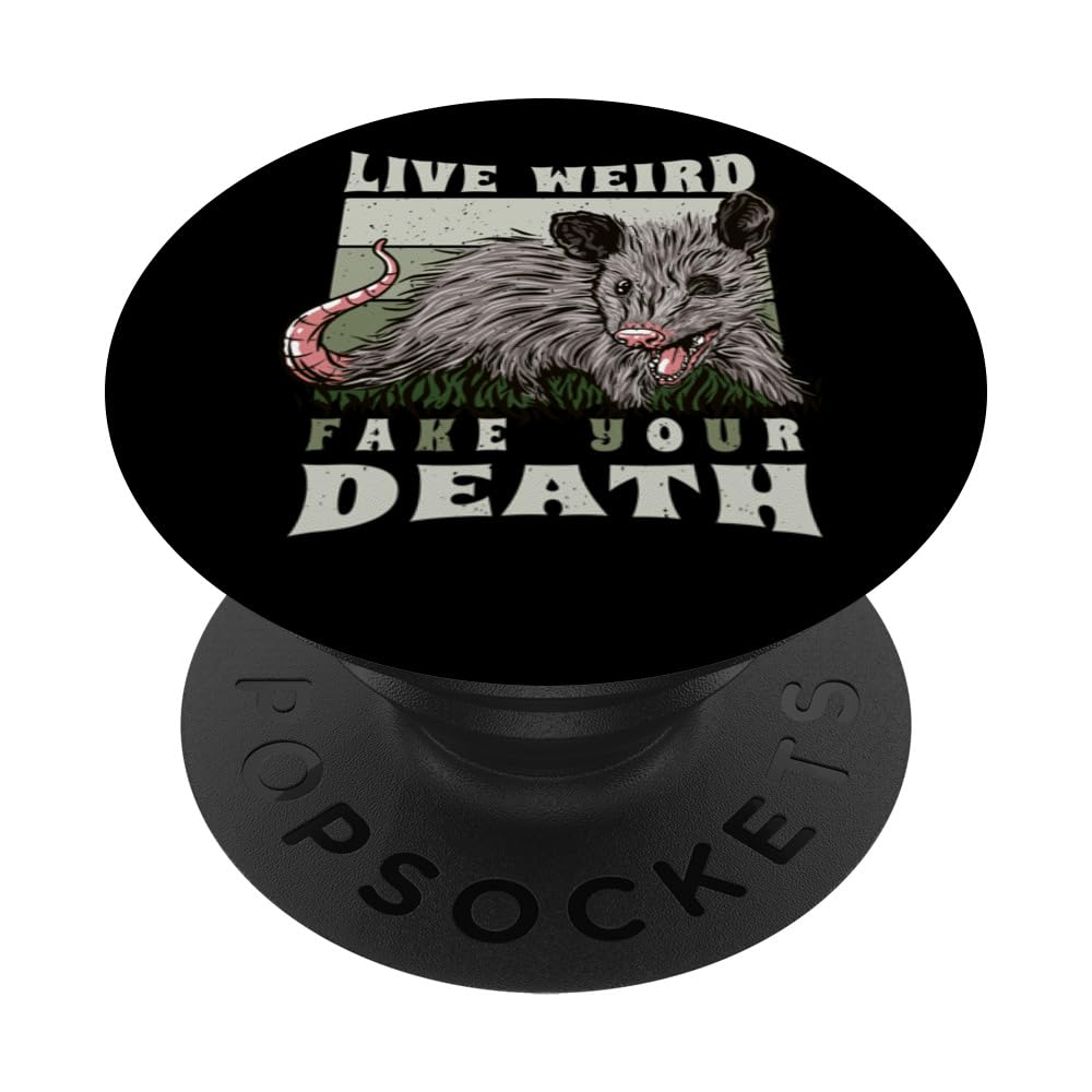 Live Weird Fake Your Death Funny Cursed Possum Graphic PopSockets Swappable PopGrip, Black