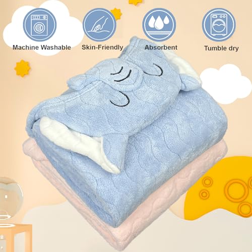 Image of Hooded Baby Towels 2 Pack Coral Fleece, Luxuriously Thick Hooded Towels Soft Shower Bath Towel for Newborn, Infant, Toddler (Blue & Pink)