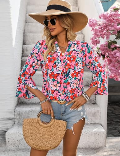 LOOKBOHO Tops for Women 3/4 Sleeve Casual Dressy Floral Boho Blouses Bell Sleeve Button V-Neck Business Shirts Pink M — view 5