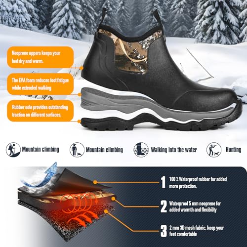 GUGULUZA Men's Ankle Rubber Boots, Short Hunting Boots with Neoprene, Waterproof Rain Footwear Insulated Outdoor Mud Shoes for Gardening,Fishing Camping3