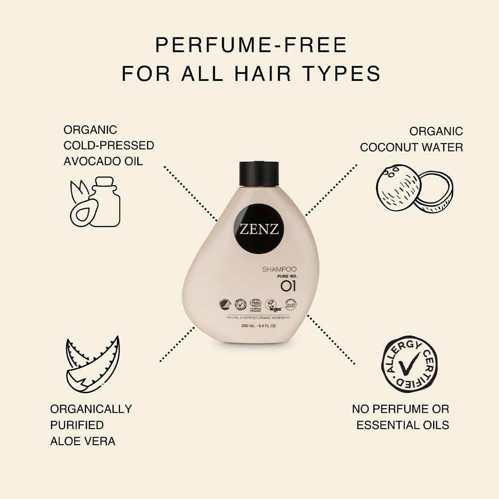 ZENZ | Shampoo | Puro n. 01 | 250 ml | Senza profumo | Aloe Vera, acqua di cocco biologica e olio di avocado | Crea volume e aggiunge umidità | Tutti i tipi di capelli