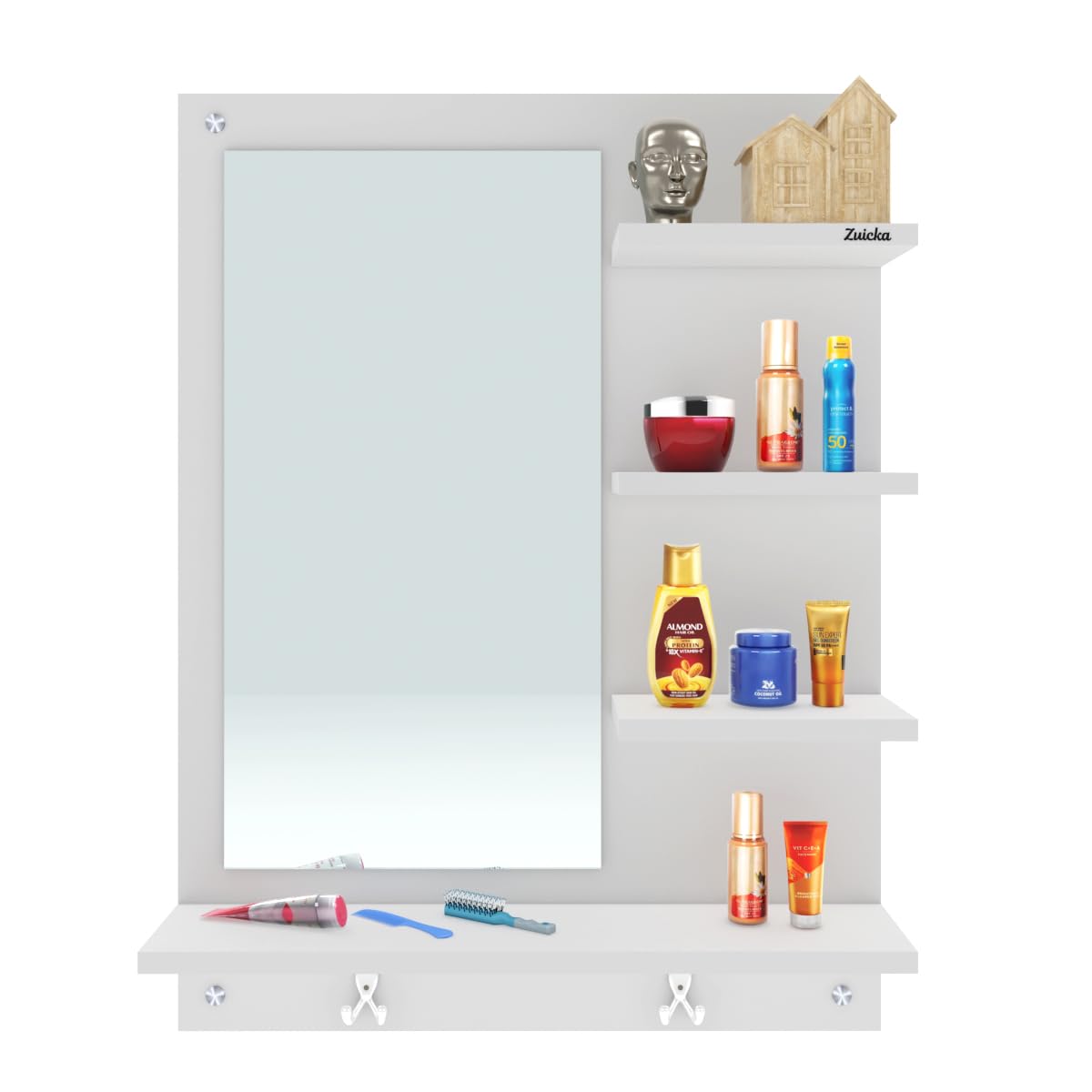 Wall Mounted Dressing Table with Mirror and 4 Shelves, White, 60cm x 80cm, with Hooks-picture-17