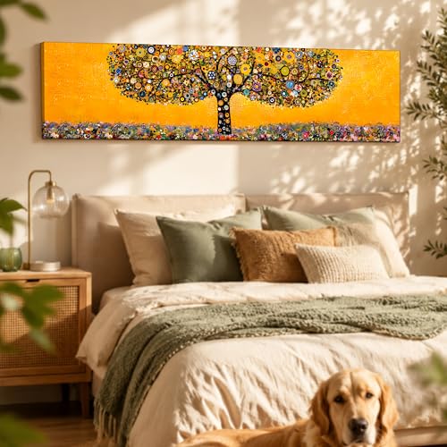 Image of Abstract Botanical Tree Stretched Canvas Wall Art Painting for Living Room, Horizontal Wildflower Meadow Canvas Wall Decor For Livingroom, Bedroom, Office, Hallway's, Hotel 12x46 Inch
