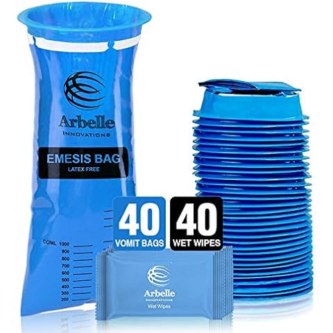Disposable Vomit Bags, Emesis Bags - 40 Vomit Bags + 40 Wet Wipes for Nausea Motion Sickness Car Pregnancy Chemo Vomit Blue Barf Bags Premium Quality Leak Proof & Convenient for Travel Cover