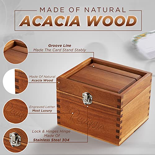 Tidita Acacia Wood Small Recipe Box with 100 Cards 4x6, 8 Dividers - Wooden Recipe Box Set Double Compartment Organizer Keeper with Thick Card Stock - Cards Holder Stand for Kitchen Counter - Thumbnail 2