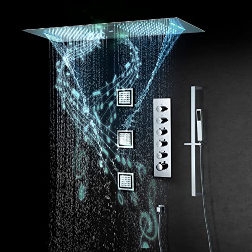 36 Inch Flushed Ceiling Mount Rainfall Waterfall Water Column 64 Led Light Bluetooth Music Shower Head 5 Way Thermostatic Shower Faucet Set With Body Jets And Touch Panel (Chrome) #TOP1