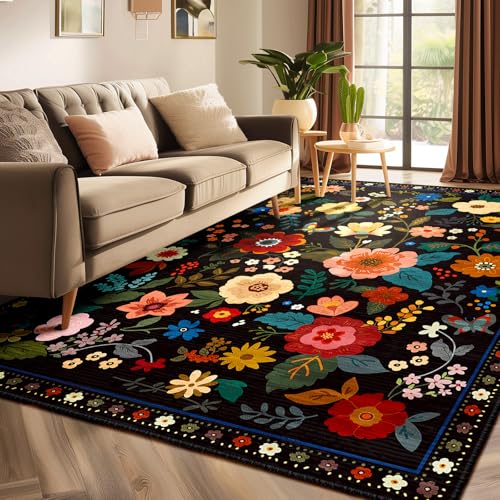 Floral 3x5 Area Rug Machine Washable Soft Print Boho Carpet Non Slip Doormat Low Pile Flower Area Rugs for Living Room Bedroom Nursery Kitchen Dining Room Indoor-Black