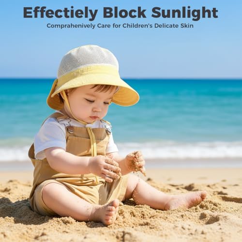 Image of SNOWIE SOFT Baby Sun Hat Summer Cap for Baby Girl 1-3 Years, Sun Protection Cap Bucket Hat with Chin Strap and Back Sun Shield Breathable Summer Protection Caps Visor Hats UV Caps for Beach Travel