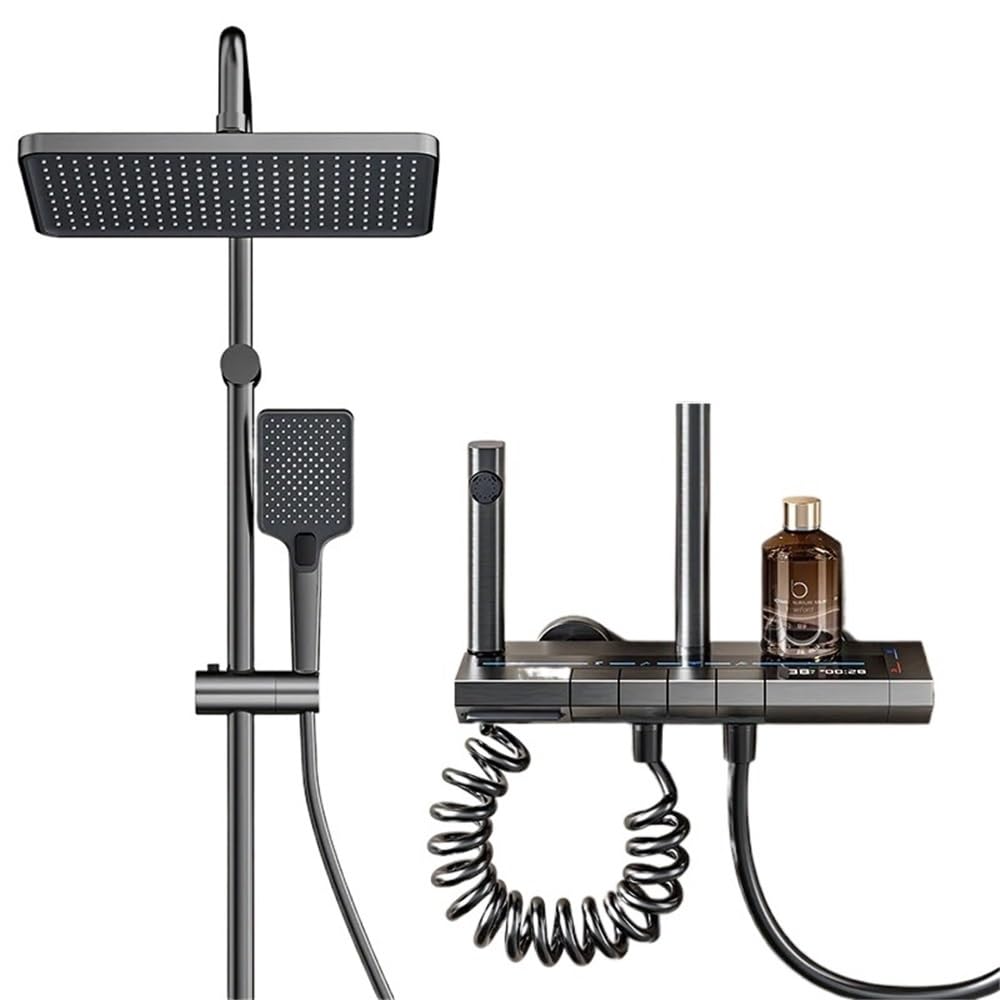 Système de douche complet gris robinetterie piano avec affichage digital de température