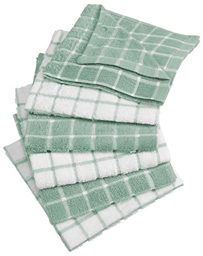 DII 100% Cotton, Machine Washable, Ultra Absorbant, Basic Everyday 12 x 12 Terry Kitchen Dish Cloths, Windowpane Design, Set of 6- Mint
