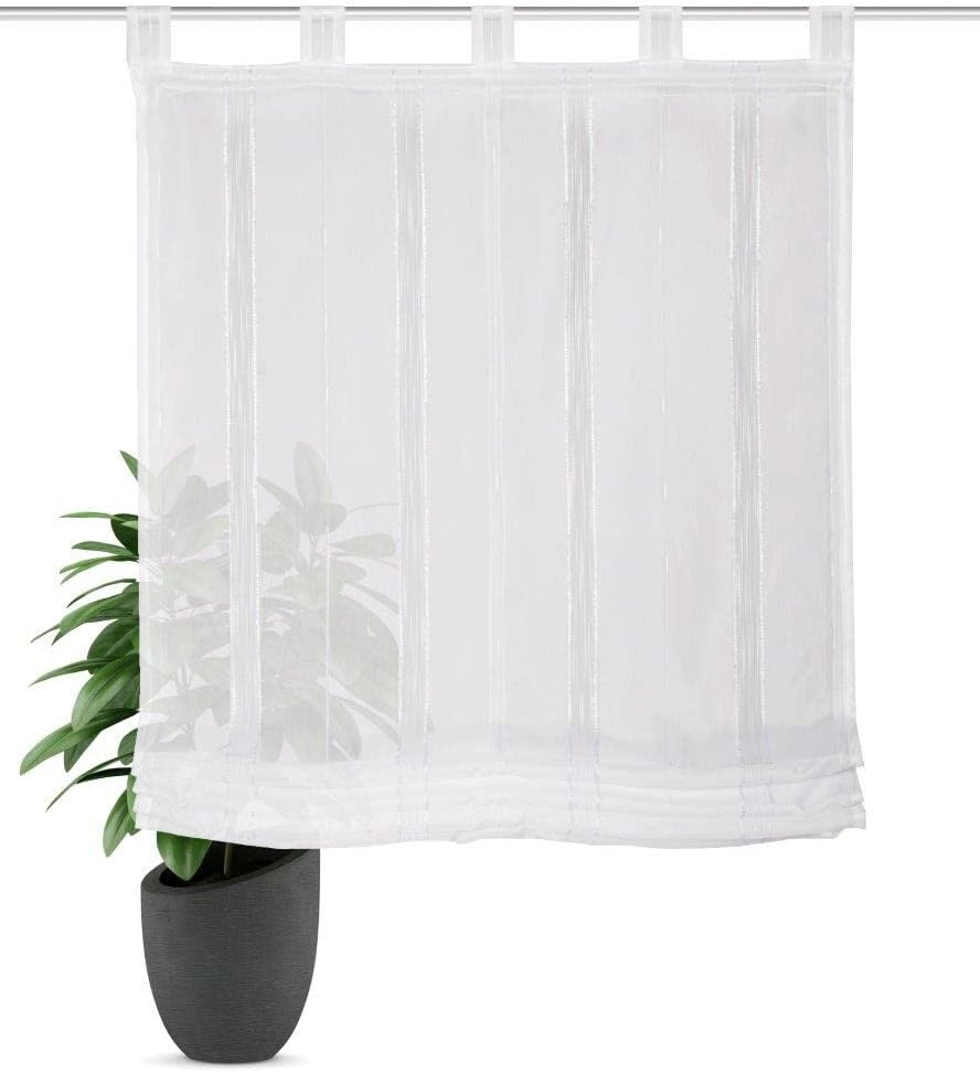 Alnur 79609 Tab-Top Roller Blind Made of Effect Voile with Longitudinal Stripes, Colour: White