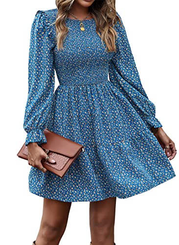 Image of KIRUNDO Long Sleeve Dress for Women 2025 Summer Fall Wedding Guest Smocked Floral Crewneck Ruffle A Line Flowy Mini Dress
