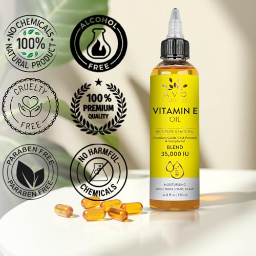 Image of AVD ORGANICS Vitamin E Oil for Skin - 100% Pure & Natural, 35,000 IU | Premium Grade, Cold-Pressed and Tocopherol Vit E Oil to Repair Dry, Damaged Skin| Moisturizing, Hair and Scalp 4.05 Fl Oz