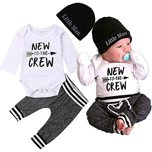 Newborn Baby Boy Clothes Set New to The Crew Romper+Pants+Hat Boys Outfit Set