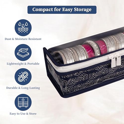 Image of HomeStrap Cotton Single Rod Bangle Box with Transparent Top | Waterproof, Dustproof Organizer for Bangles, Chudis, Bracelets, Watches & Jewellery | Compact Storage Organizer | Navy Blue | Pack of 1