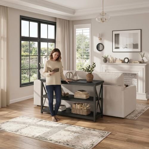Image of 3-Tier Entryway Console Table | Modern Farmhouse Sofa Table with Open Storage Shelves | X-Frame Accent Hallway Table for Living Room Foyer & Entryway Organization | Black | 120x30x80 cm
