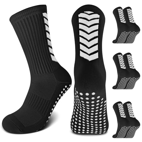 Image of YXBDQDJCF 3 Pairs Grip Socks Kids, Breathable Black Football Socks Kids, Gentle Non-Slip Football Grip Sock Boys Girls for Basketball Hiking Running
