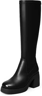 Black Boots Women's Knee High Stretch Boots - Square Toe