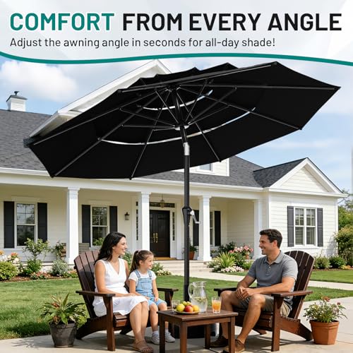 Image of AreShark 9ft 3-Tier Patio Umbrellas, Outdoor Umbrella with 8 Sturdy Ribs UV Protection Windproof, Market Table Umbrella w /Push Button Tilt & Crank for Pool, Porch, Deck, Garden(Black)