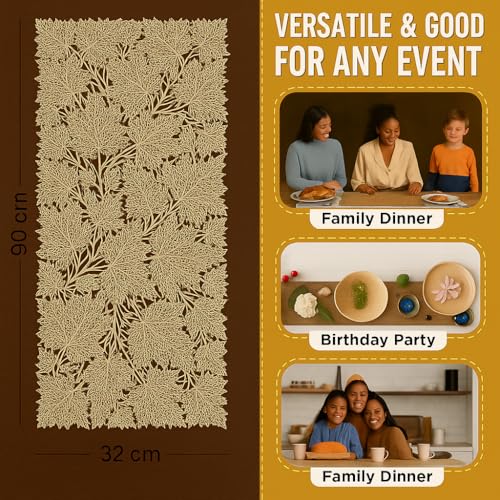 Image of Homerz Premium Table Runner, PVC, Size- 92x34 cm | Waterproof, Heat Resistant, Non-Slip, Easy to Clean Soft Table Runner for Coffee Table, Dining Table and Centre Table. (Golden Stem)