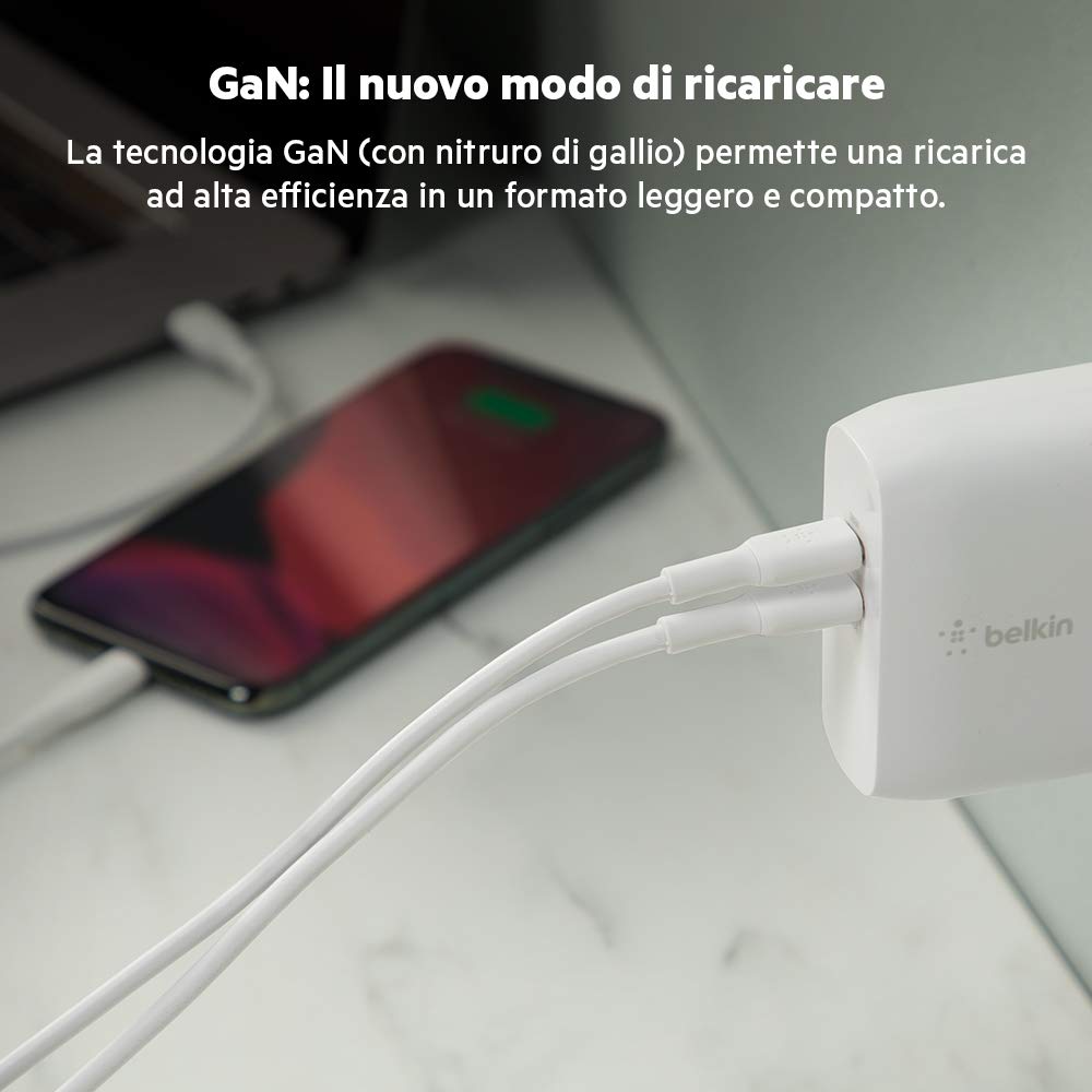 Belkin Boost Charge Doppio Caricabatteria da Parete GaN USB-PD da 68 W (Caricabatteria USB-C a Ricarica Rapida per iPhone, iPad Pro, Pixel, Galaxy, MacBook Pro e altri)