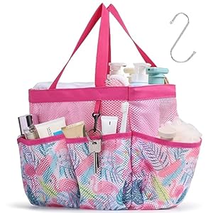 F-color Shower Caddy Portable – Mesh Shower Caddy Bag Basket Tote for College Dorm Room Essentials Bathroom Gym Camp Quick Dry Shower Bags for Women Men with S Hook, Pink Flamingo