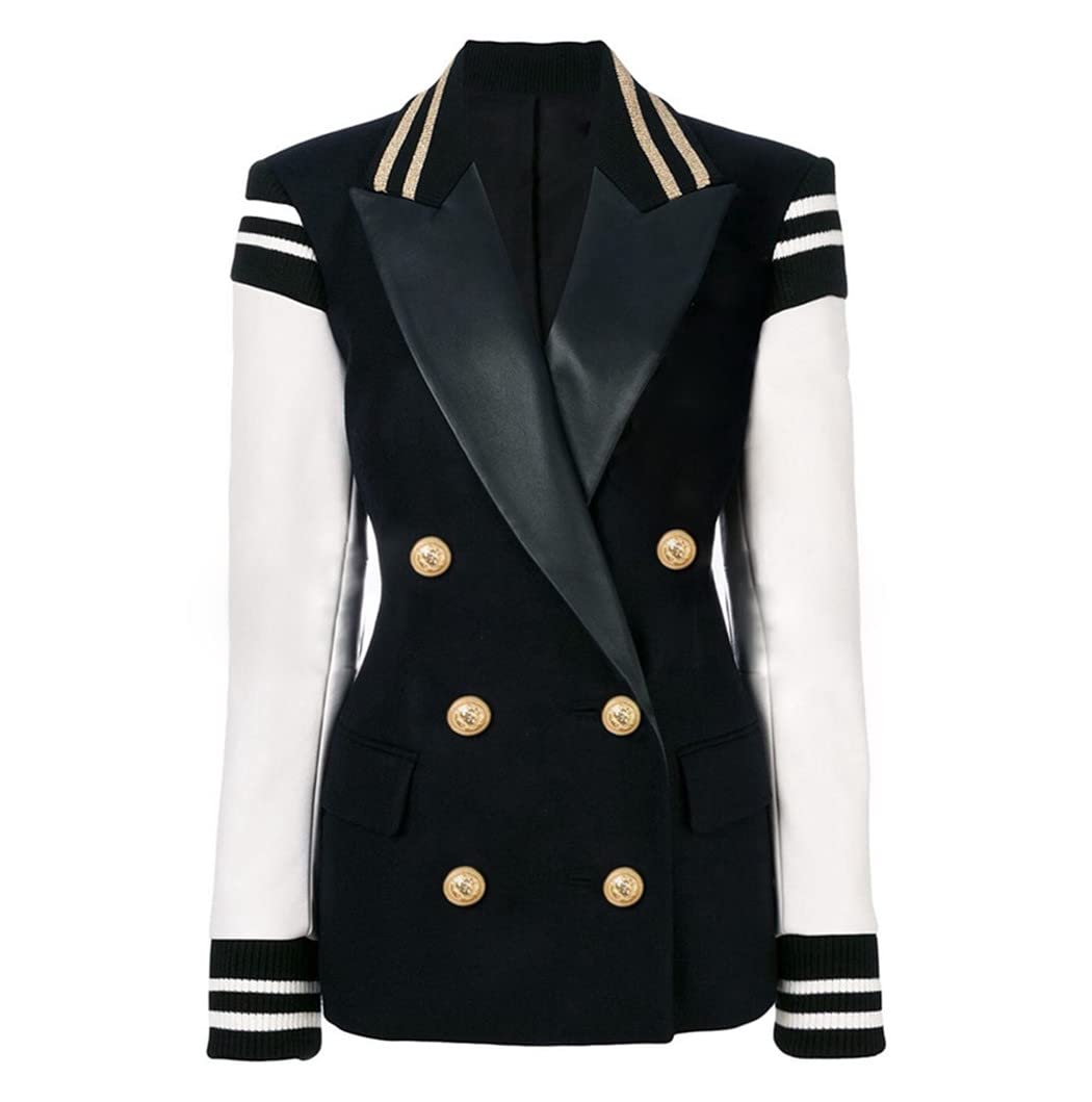 Womens Designer Blazer Leather Patchwork Double Breasted Blazer Classic Varsity Jacket