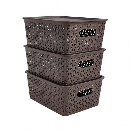 Image of JD Fresh Pack of 3 Premium Plastic Storage Basket with Lid /Smooth Handle Design & Stackable Storage Organizer /Durable Kitchen Storage Basket for Clothes, Vegetables, Fruits, Toys and Stationery(Brown)
