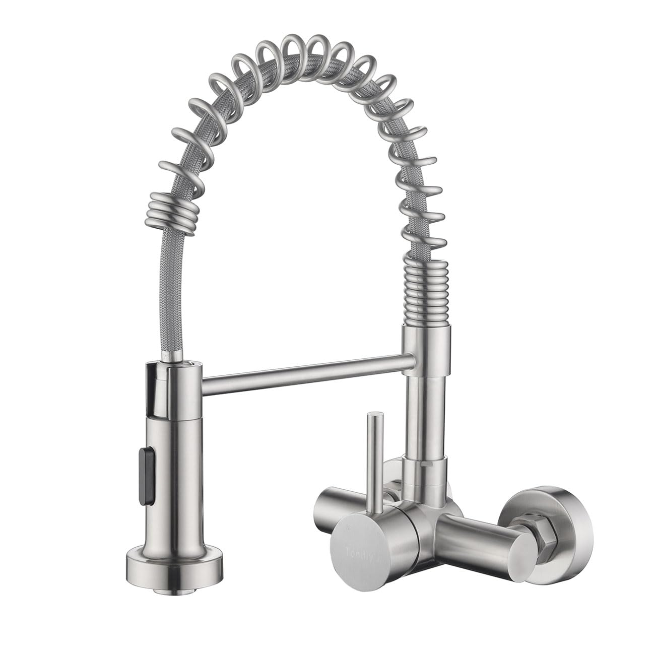 Grifo Cocina de Pared 11cm (± 1,5cm) con Ducha de 2 Modo, Grifería de Fregadero Giratorio Flexible de 360​°, Mezclador Resorte de Acero Inoxidable 304, Aireador Extraíble, Alta Presión