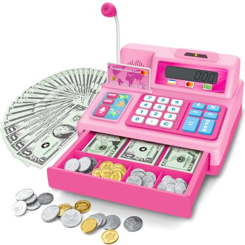 Image of BAODLON Calculator Cash Register - 103 Pcs Pink Toy Cash Register, Microphone, Credit Card and Banking for Kids, Early Math Skills Toys Gifts for 3, 4, 5, 6 7 8+ Years Old Boys Girls